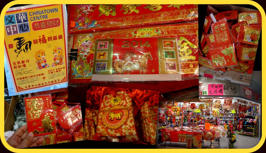 For the Year of the Horse, there were cards with horses, gift bags with horses, and lai see envelopes (for money) with different designs - but all in red and gold.  This was in what's known as the Chinatown Centre.