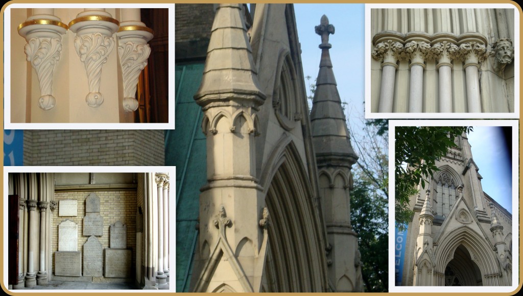 The St. James’ Cathedral that stands today was designed by architect Frederick Cumberland. The design of the towering cathedral reflects the early English Gothic Revival style of architecture. In the mid-19th century, it was the largest building in the city. In 1865, the bells were put in and the spire was completed in 1875. A year later, the clock tower was donated by the citizens of Toronto. In 1889, an organ console was installed which was modernized at the beginning of the 20th century by renowned Quebec organ builders Casavant Freres. St. James’ underwent major renovations in the early 80s and in 1997 the twelve change ringing bells (one of only two sets on the continent) were installed to celebrate the cathedral's bicentennial. (Toronto Journey)