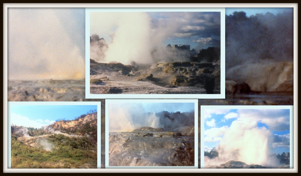 New Zealand was a fascinating place to visit.  This collage shows the Hot Springs at Rotorua where there is also a Maori Village. "The volcanic zone of Rotorua and Taupō is famous for its mud pools that bubble like porridge, geysers spurting steam, and cascading terraces, which form as minerals from the hot springs precipitate on the rocks. Whakarewarewa has 500 hot springs and seven geysers. New Zealand’s largest geyser is Pōhutu, reaching 20 metres or more. Thousands of people visit every year. The only other place where you can see such big geysers is Yellowstone National Park in the USA. (teara.gov.nz)