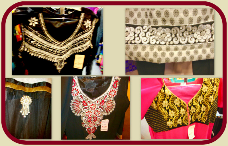 This collage shows some of the different types of trims and embellishments that are used to fashion East Indian women's clothing.