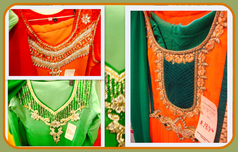 This collage shows some more designs and embellishments that can be found on saris and lehengas.